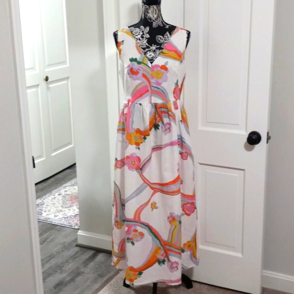 💖Vilagallo💖 - White/Multi Floral Print Linen Blend Dominique Midi Dress